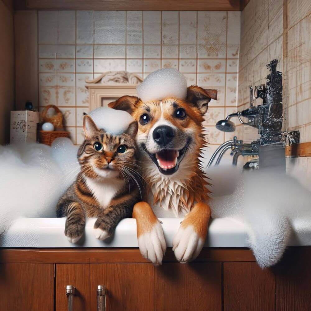 Perro y gato atigrado asomados juntos en una tina con espuma sobre la cabeza, baño con avena para perros y gatos con piel sensible