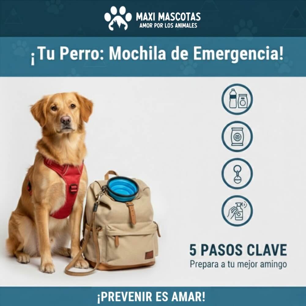 Perro con arnés rojo junto a su mochila de emergencia y kit de seguridad con plato plegable azul y el lema Prevenir es Amar