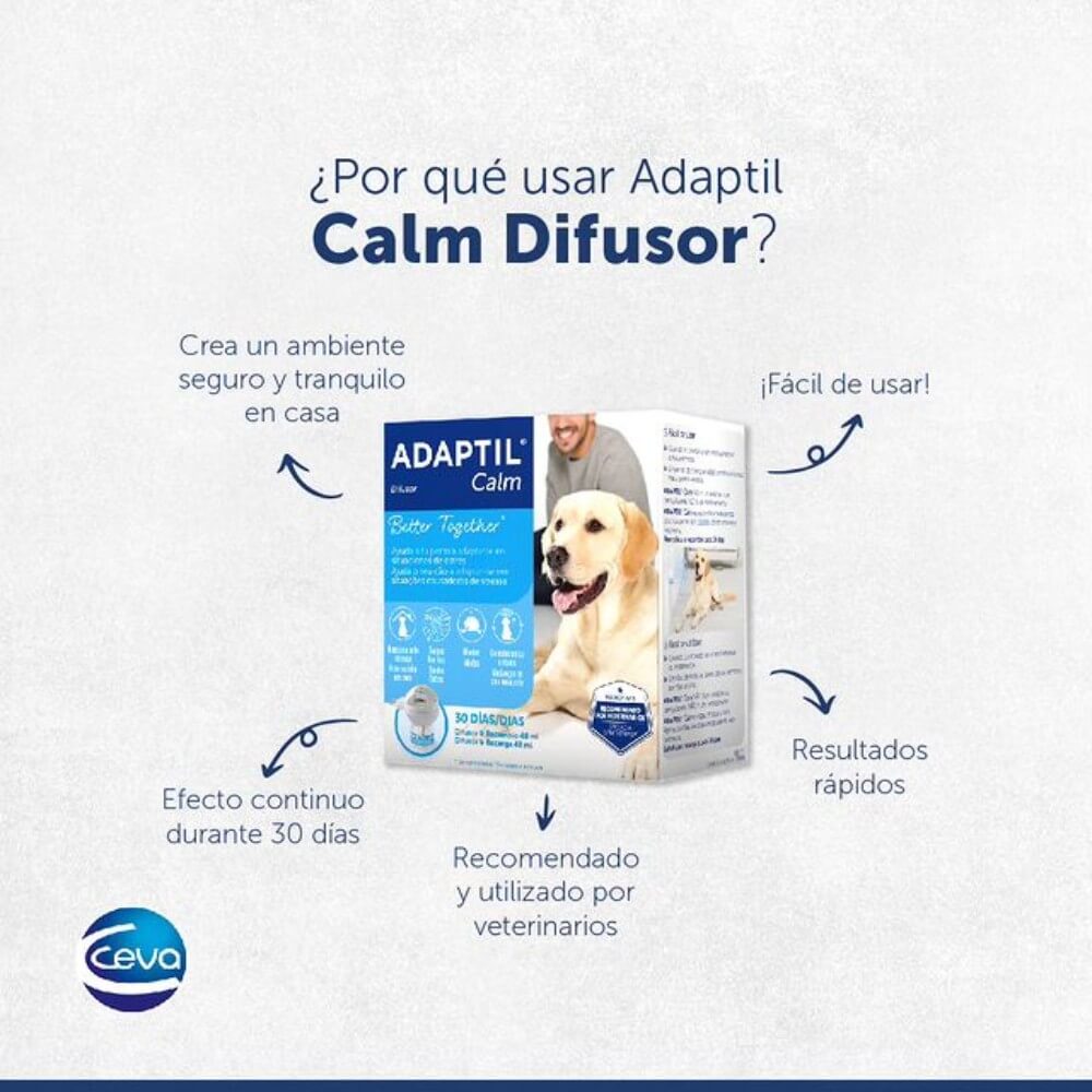 Usa el difusor de Adaptil Calm para crear un ambiente seguro y tranquilo para tu perro. Es fácil de usar, tiene un efecto continuo durante 30 días y es recomendado y utilizado por veterinarios