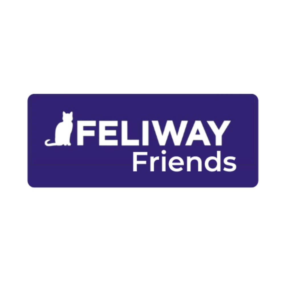 Logo de Feliway Friends de Ceva consistente en un rectángulo de color azul oscuro con letras blancas en que aparece un gato seguido del texto Feliway Friends