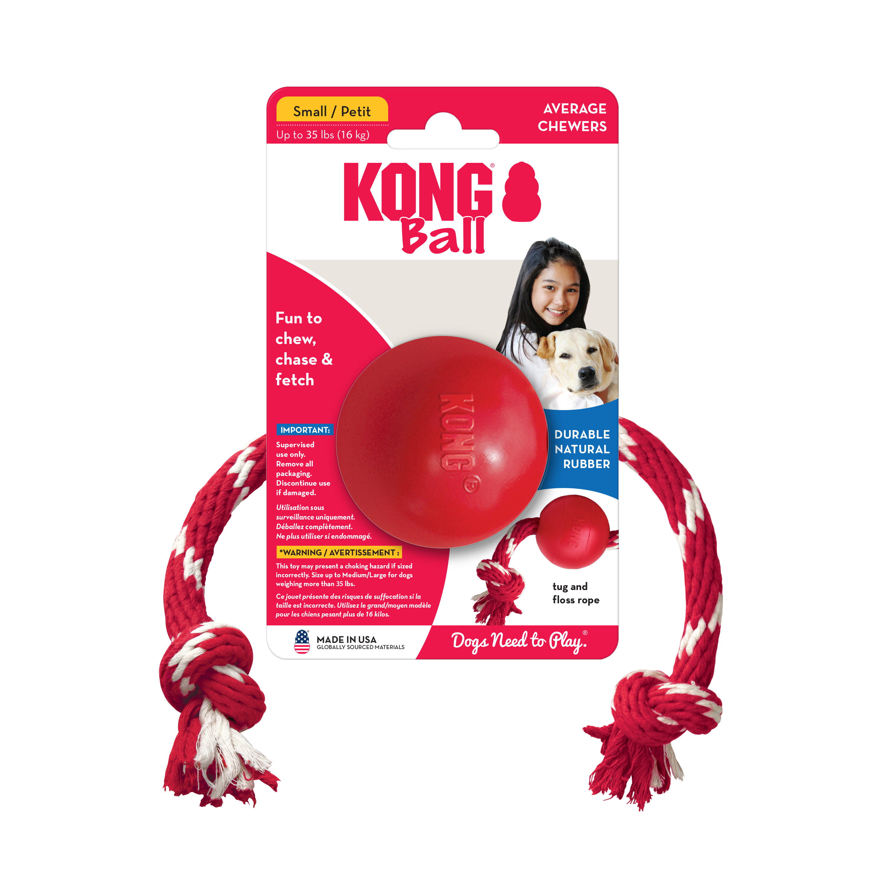 KONG Ball with Rope Pelota Cuerda Perros