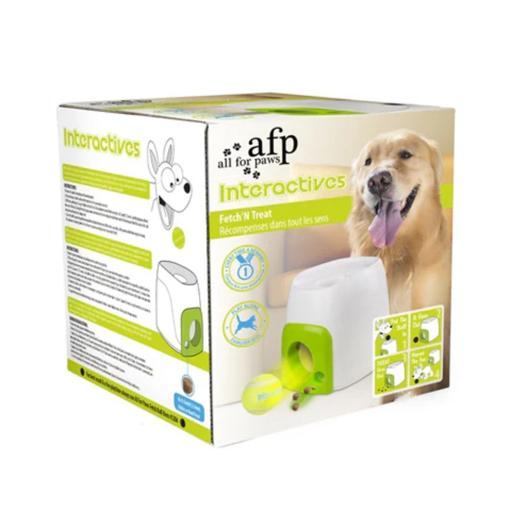 Caja AFP All For Paws Interactives Fetch N Treat, foto de perro y dispensador de premios blanco-verde con pelota tipo tenis