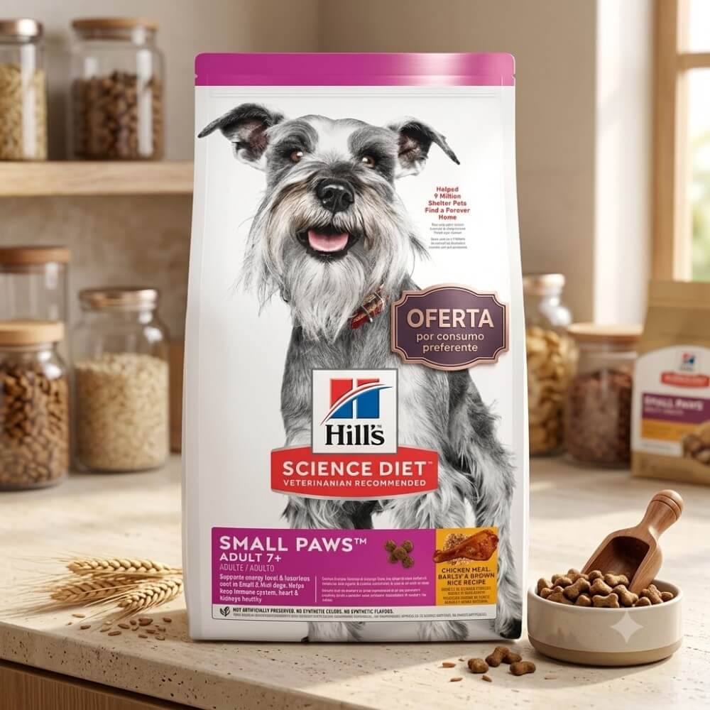 Hill's Science Diet Small Paws Adult 7+ alimento para perros senior razas pequeñas. Producto con etiqueta de oferta especial por consumo preferente, sobre encimera de cocina