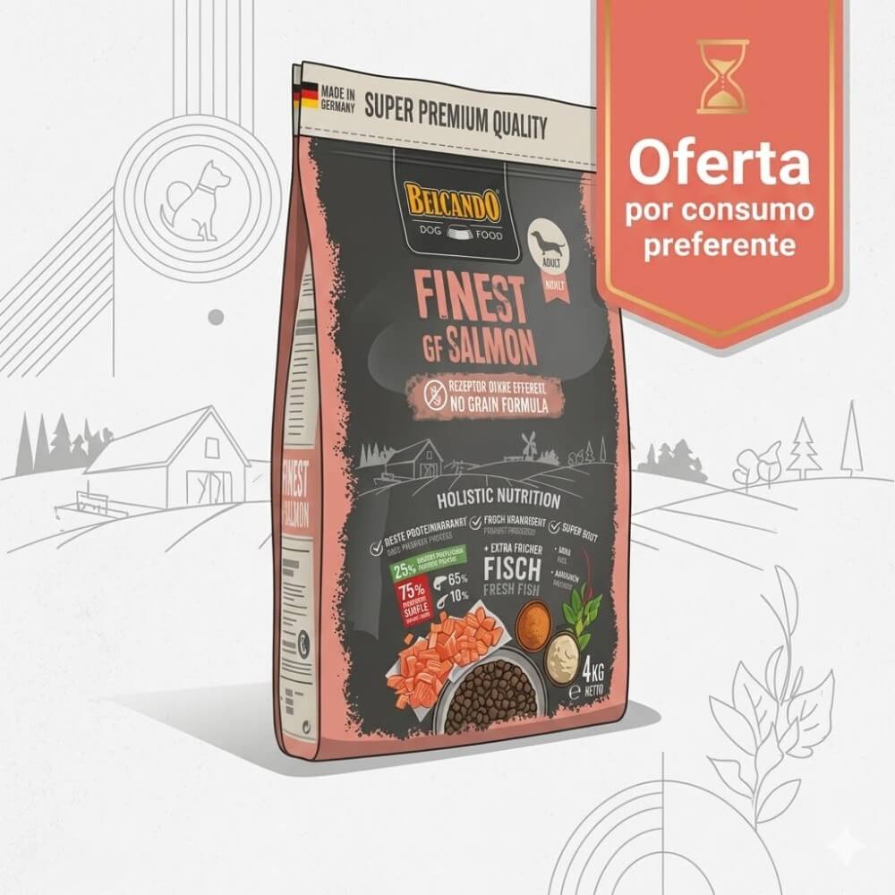 Bolsa de 4kg de alimento para perros Belcando Finest GF Salmon con banner de oferta por consumo preferente