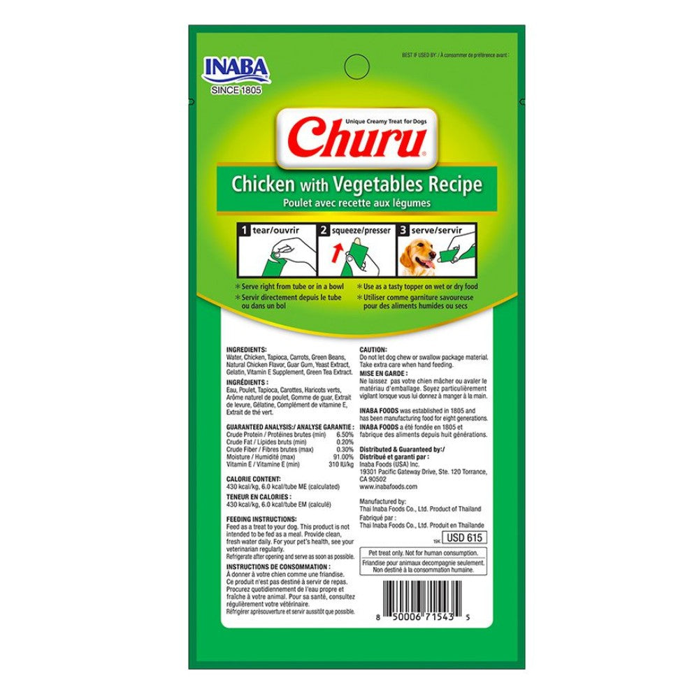 Lista de ingredientes y guía alimentaria del Churu para Perros sabor pollo con vegetales de 56g total, pídelo en Maxi Mascotas