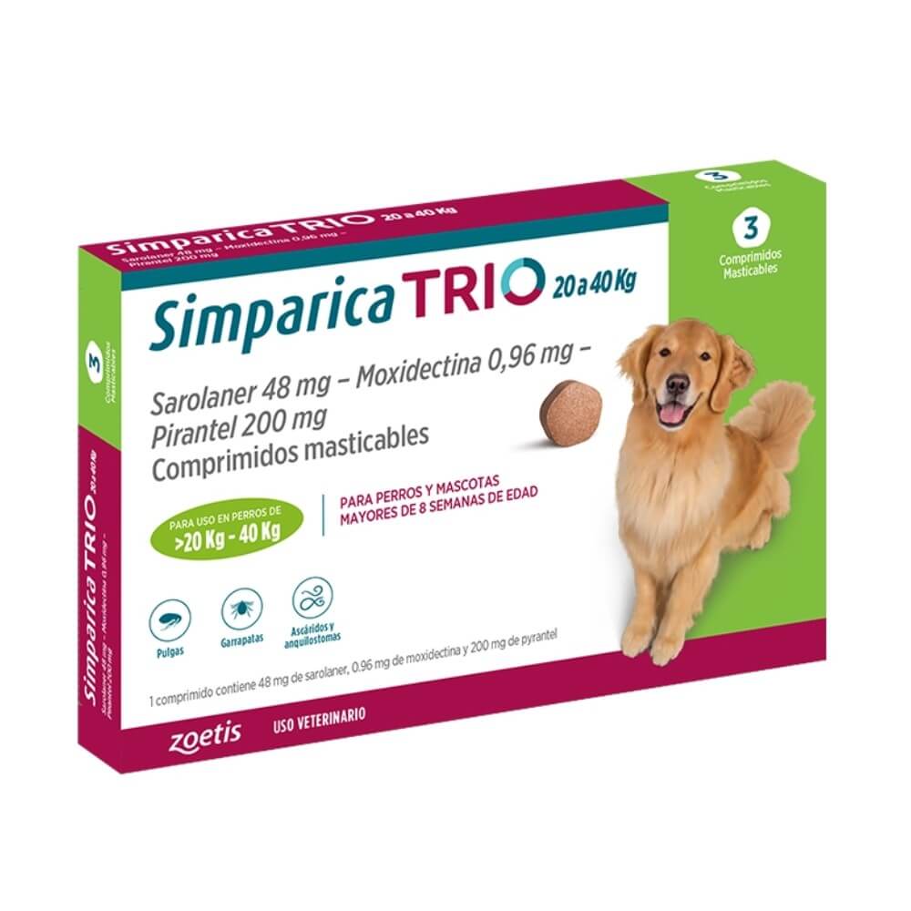 Simparica Trio Perros 20 a 40 kg caja de 1 dosis de Zoetis masticable. Control de pulgas, garrapatas y parásitos en perros grandes
