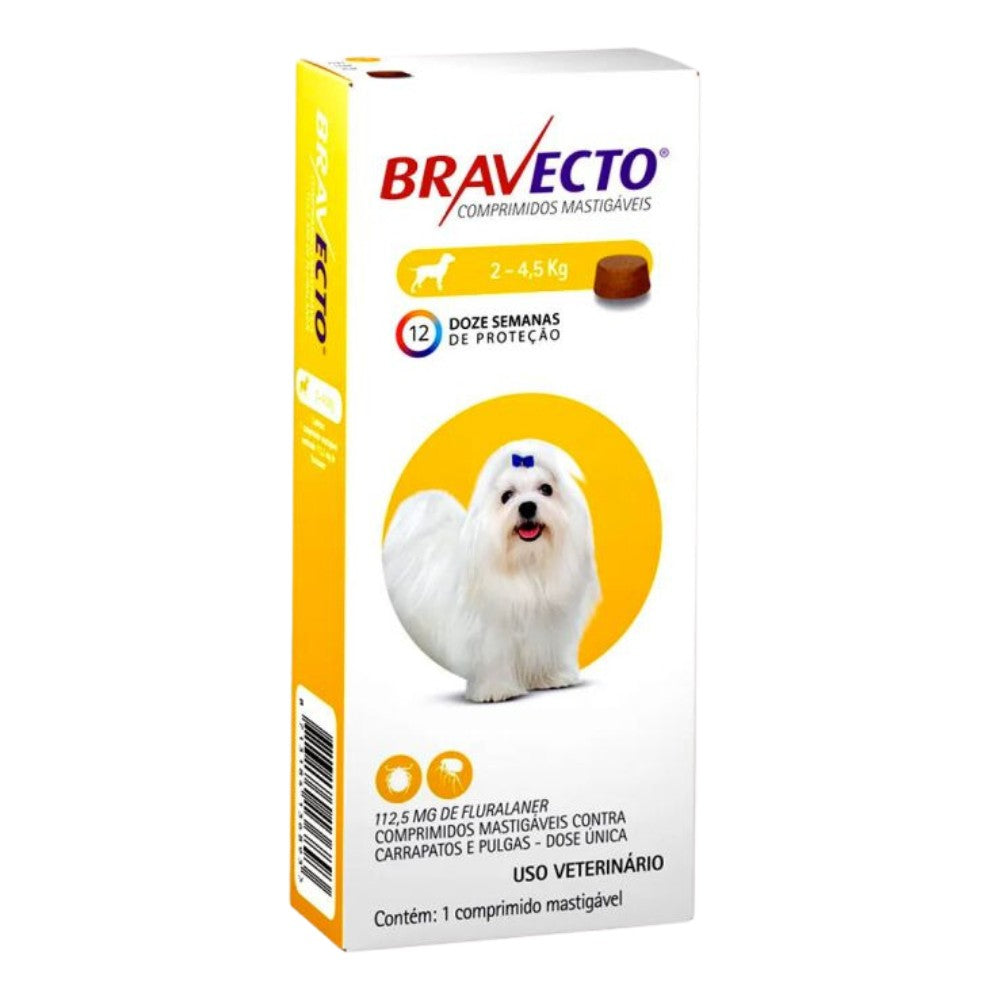 Caja de Bravecto en colores amarillo y blanco, con imagen de cachorro blanco, para protección antiparasitaria en perritos de 2 a 4.5 kg