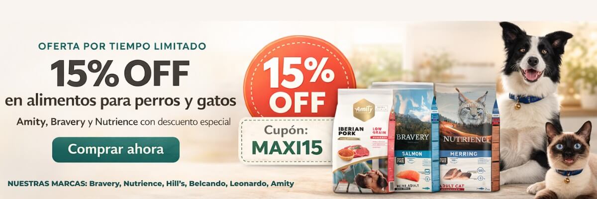 Banner Desktop: Oferta 15% OFF en alimento premium perros y gatos cupón MAXI15. Incluye Bravery, Nutrience y Amity compra online