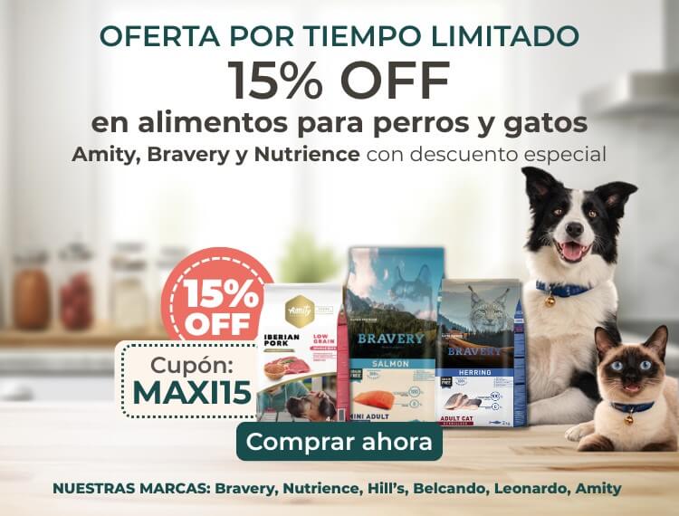 Banner Móvil: 15% descuento en comida perros y gatos Chile cupón MAXI15. Marcas Amity, Bravery y Nutrience alimento premium