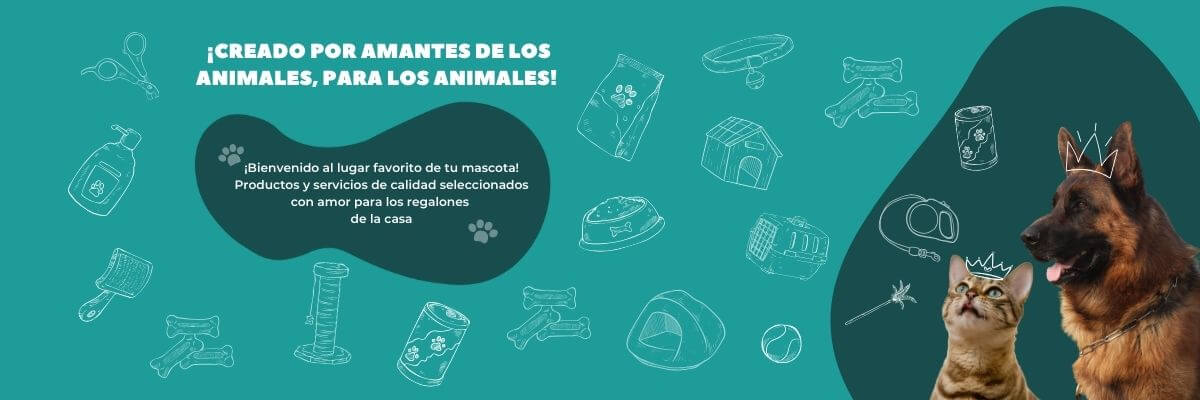 Banner horizontal turquesa con íconos de accesorios y perro pastor alemán con gato coronados en la esquina inferior derecha