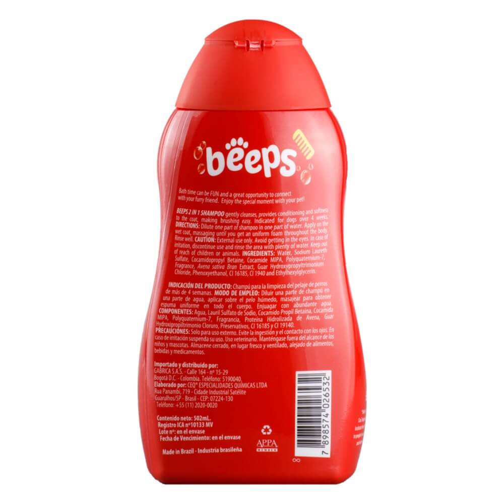 Reverso frasco Beeps Shampoo 2 en 1 para perros 500ml con ingredientes y precauciones, modo de uso y registro veterinario