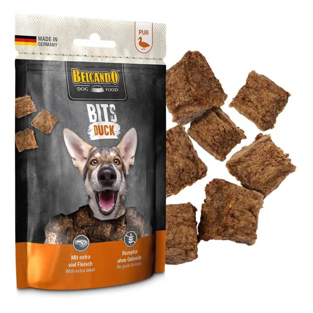 Trozos de carne real de pato de snacks Belcando Bits, premios monoproteicos sin cereales para perros