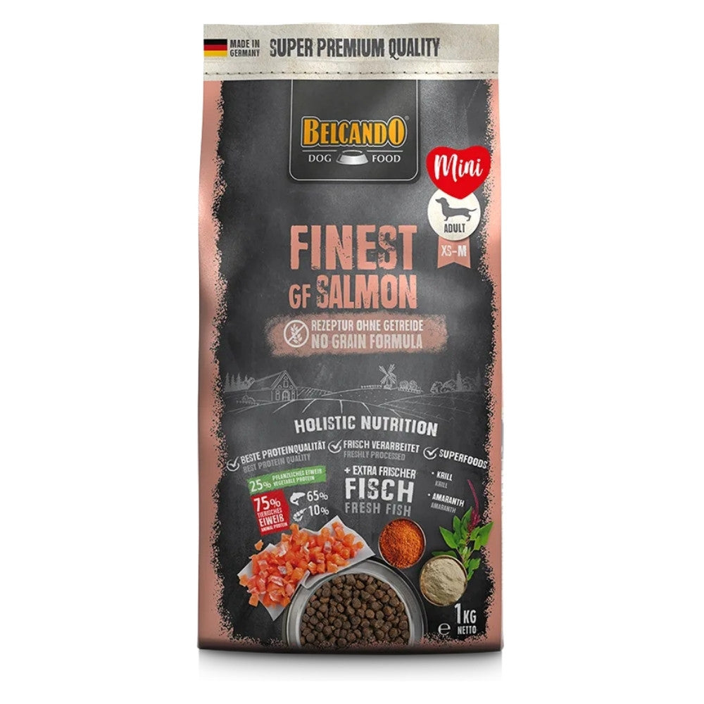Bolsas frente de Belcando Mini Adult Finest GF Salmón 1kg, alimento premium Grain Free para perros pequeños en Maxi Mascotas ya
