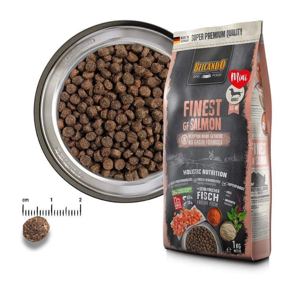 Bolsas Belcando Mini Adult Finest GF Salmón junto a bowl y escala mostrando el tamaño ideal del pellet para razas pequeñas hoy