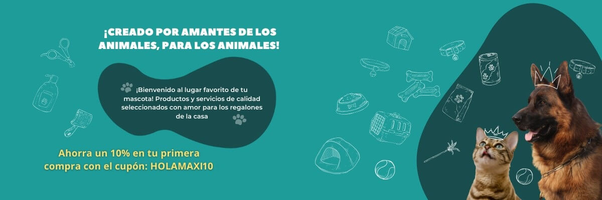Bienvenida Maxi Mascotas con perro pastor alemán y gato usando coronas. Texto: Creado por amantes de los animales, para los animales