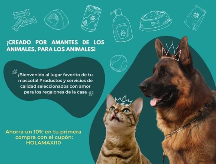 Banner promocional de Maxi Mascotas para perros y gatos que ofrece un 10% de descuento de bienvenida en primera compra cupón HOLAMAXI10