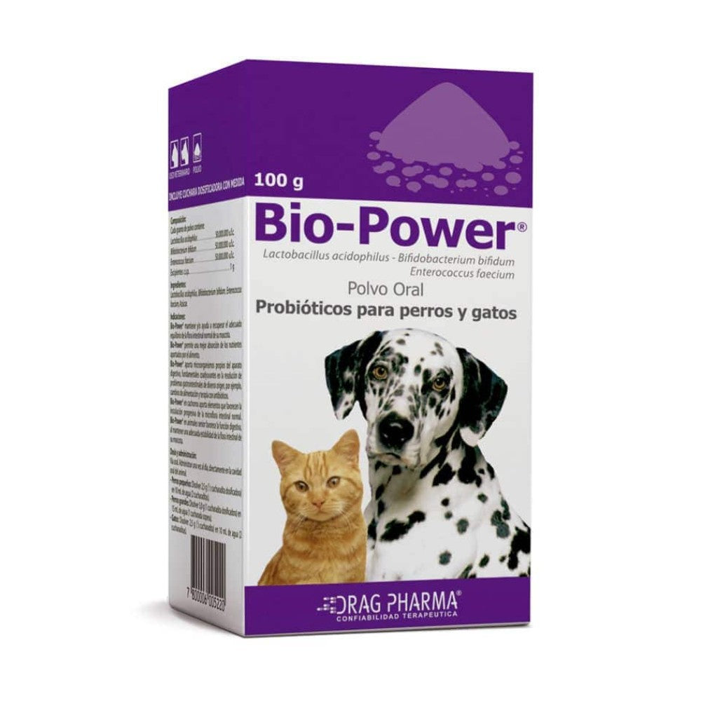Caja de Bio-Power 100g, suplemento de probióticos para perros y gatos de Drag Pharma para el equilibrio de la flora intestinal