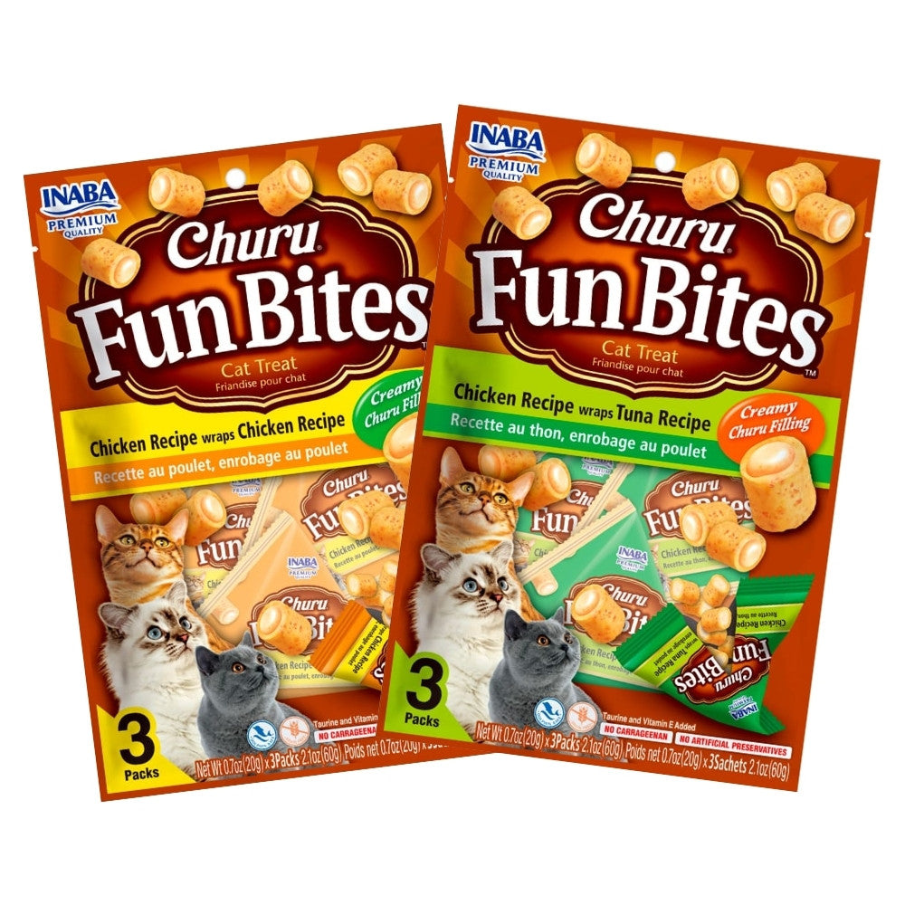 Dos bolsas de Inaba Churu Fun Bites gatos pollo y atún de 60g cada uno, snacks horneados con centro cremoso con antioxidantes 