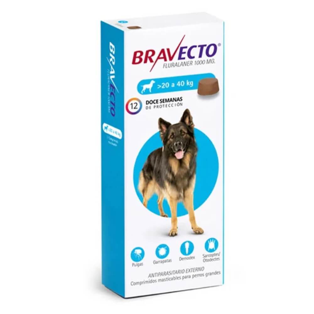 Caja de antiparasitario Bravecto para perros grandes de 20 a 40 kg, duración 3 meses, mostrando un perro Pastor Alemán.