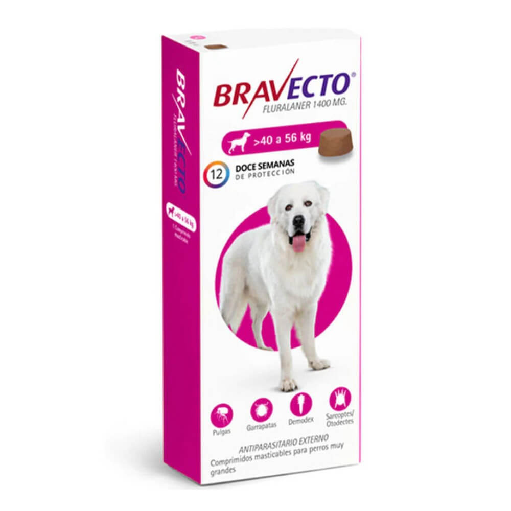 Caja con logo de Bravecto para perros muy grandes de 40 a 56 kg, antiparasitario para 3 meses, con foto de perro Gran Pirineo