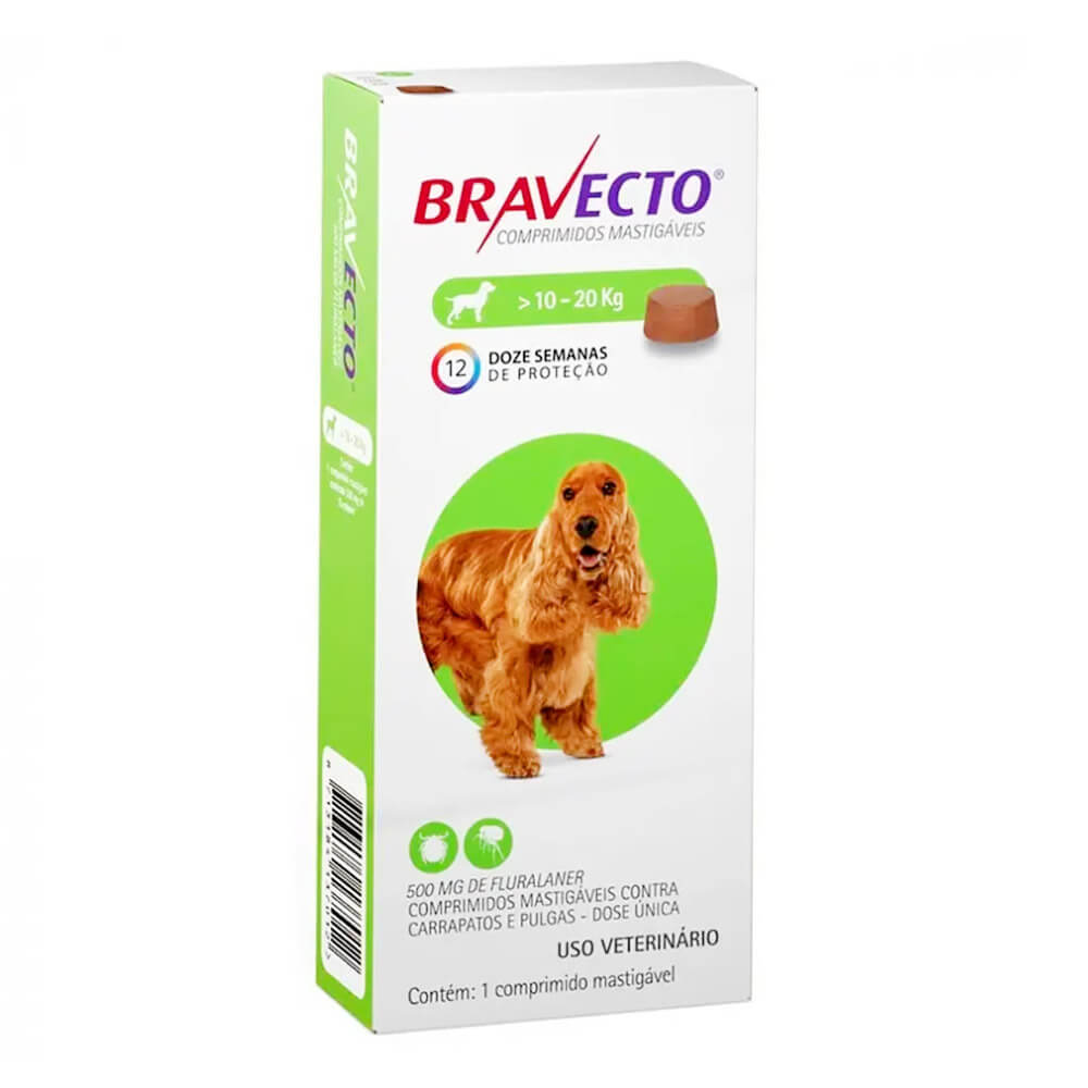 Caja de antiparasitario Bravecto para perros medianos de 10 a 20 kg, comprimido de 1 mes, con la imagen de un Border Collie.