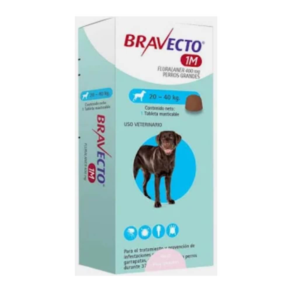 Caja de Bravecto comprimido masticable, 1 mes de protección antiparasitaria para perros de 20 a 40 kg, con foto de un Boxer.
