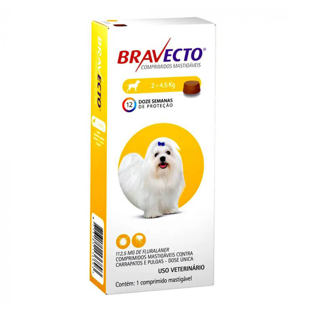 Bravecto Perros 2–4,5 kg antiparasitario masticable: Caja con logo Bravecto arriba un perro blanco al centro sobre un círculo amarillo y todo sobre un fondo blanco.