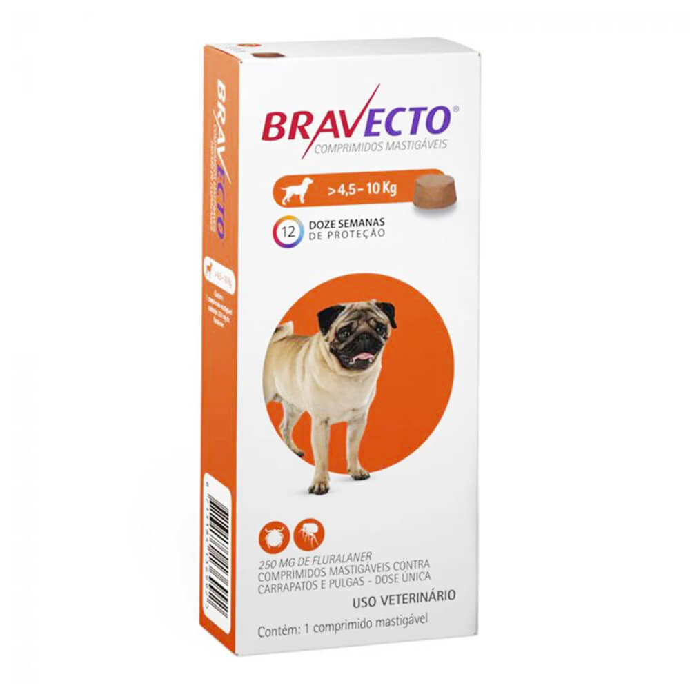Caja Bravecto antiparasitario para perros 4,5 a 10 kg, 3 meses comprimido masticable con la imagen de un perro pequeño pug.
