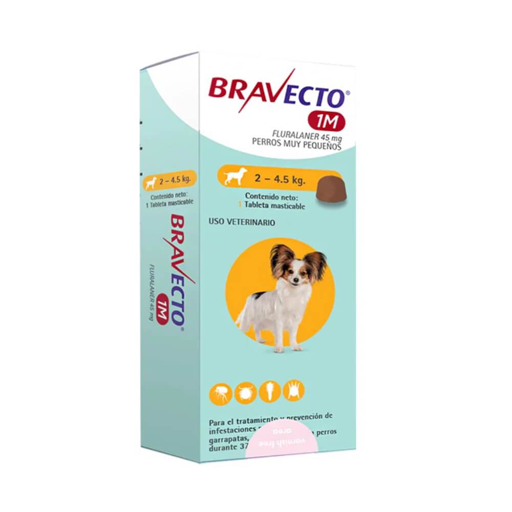 Caja de Antiparasitarios Bravecto para perros pequeños de 2-4,5 kg (dura 1 mes), con un perro Chihuahua blanco y marrón.