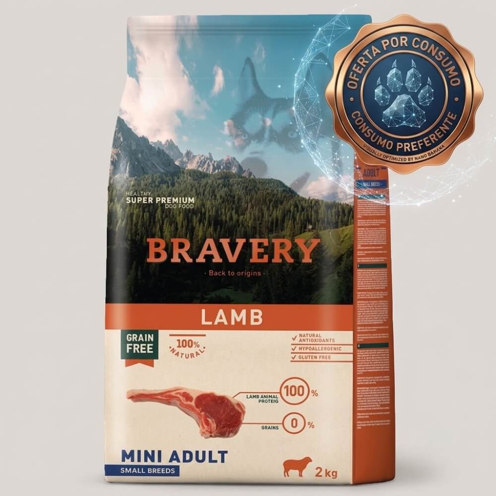 Bolsa Bravery Mini Adult Cordero Grain Free Small Breeds, alimento hipoalergénico para perros de razas pequeñas con Omega-3