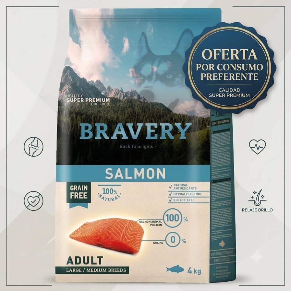 Bolsa Bravery Salmón Adult Grain Free Large/Medium Breeds, alimento hipoalergénico para perro adulto razas medianas y grandes