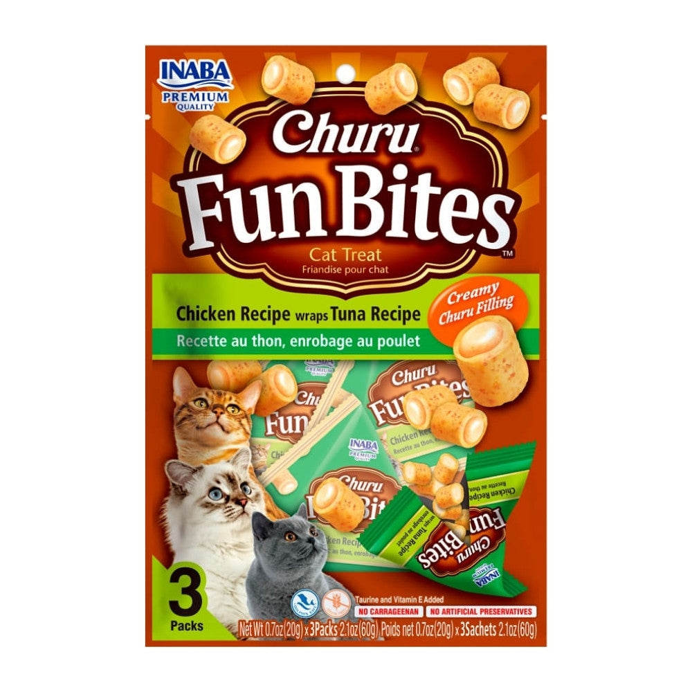 Churu Fun Bites para gatos sabor pollo con atún de Inaba, 60g de bocaditos horneados con centro cremoso, pídelo en Maxi Mascotas
