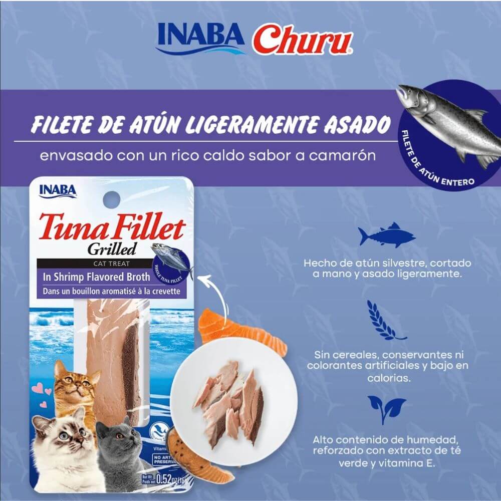 Churu gato filete de atún grillado INABA en caldo sabor camarón: Atún cortado a mano, sin cereales, bajo en calorías y con vitamina E