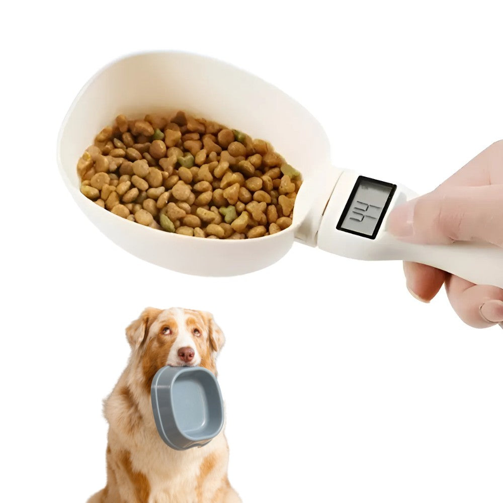 Cuchara con balanza digital midiendo porción de croquetas, sostenida con la mano; perro Golden espera con comedero en su boca