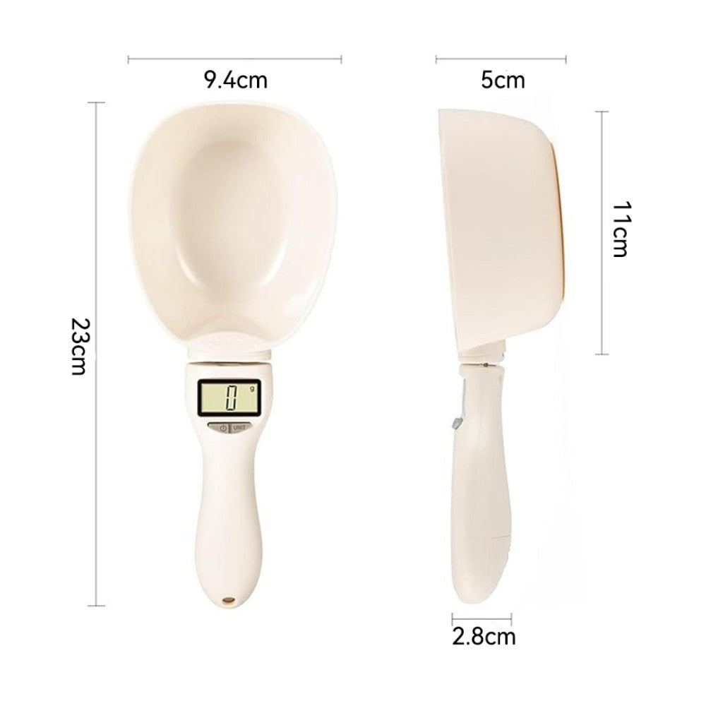 Balanza blanca con pantalla digital integrada, mostrado de frente y perfil, medidas visibles de largo, ancho y profundidad