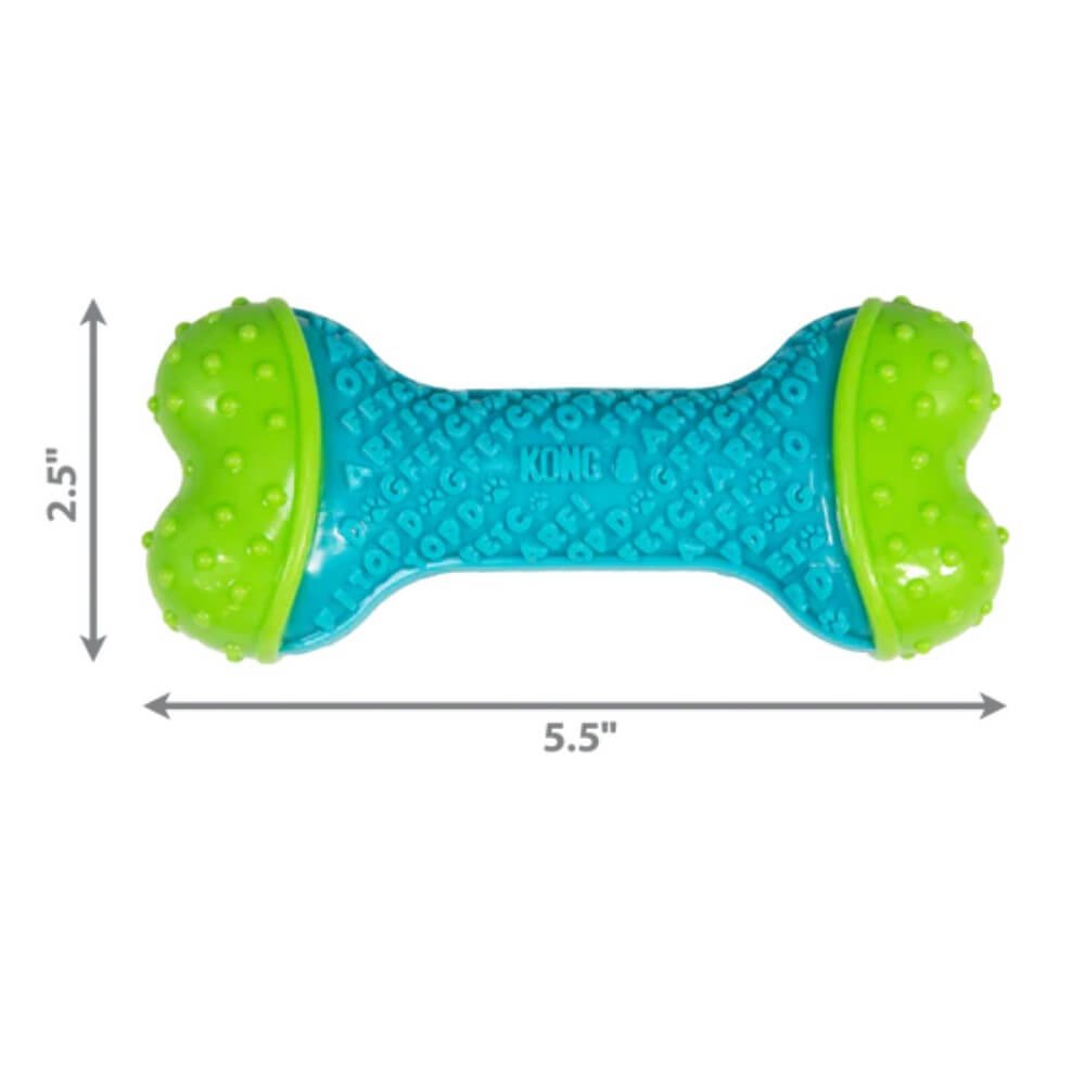 Especificación del juguete para perro KONG CoreStrength Bone, indica medidas de 5.5 pulgadas de largo por 2.5 pulgadas de ancho