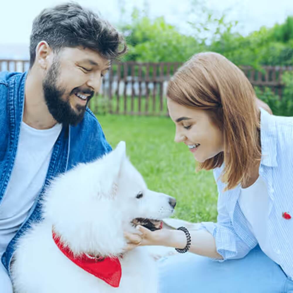 Una pareja feliz en el jardín con su perro que luce un pelaje blanco y brillante gracias al baño con Douxo S3 Care de Ceva.