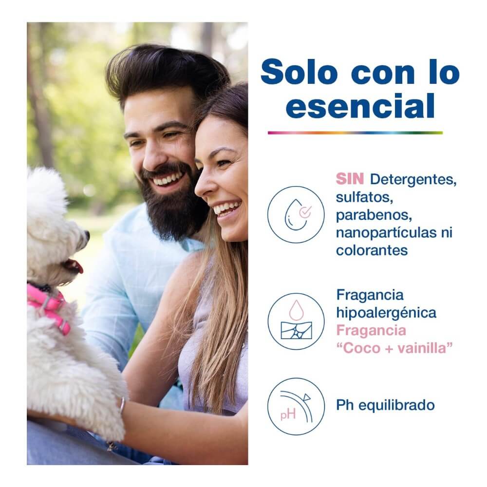 Infografía de Douxo S3 Calm Shampoo detallando su fórmula libre de sulfatos, parabenos y colorantes con fragancia hipoalergénica