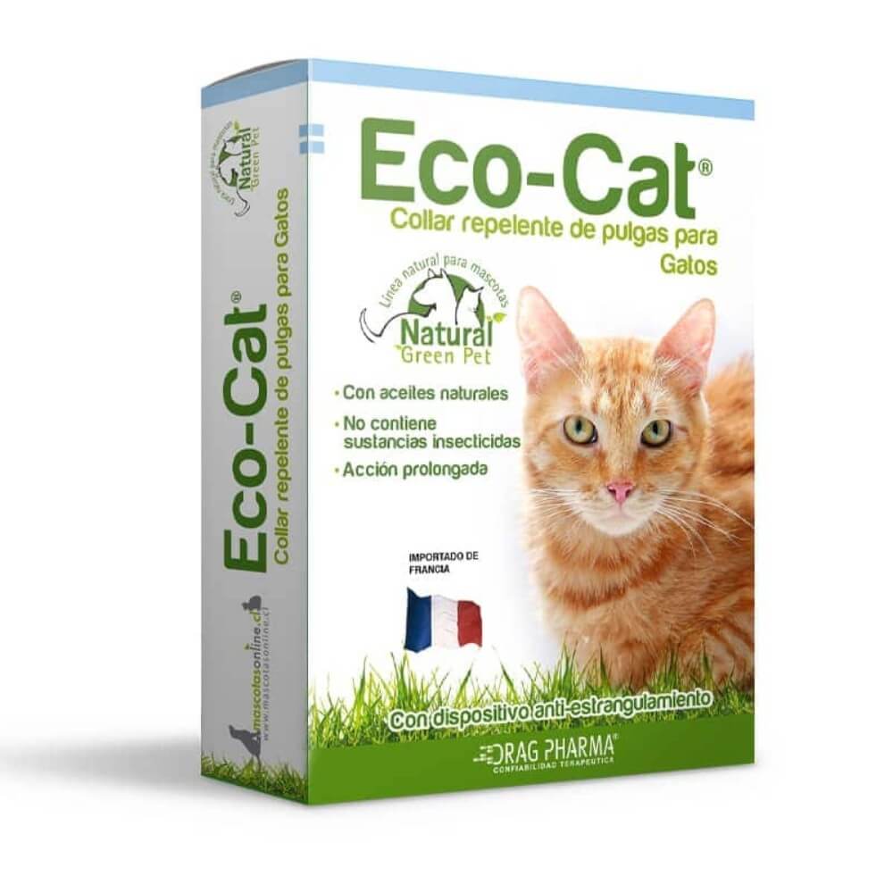 Envase Eco-Cat collar repelente de pulgas para gatos con aceites naturales de acción prolongada y cierre de liberación rápida