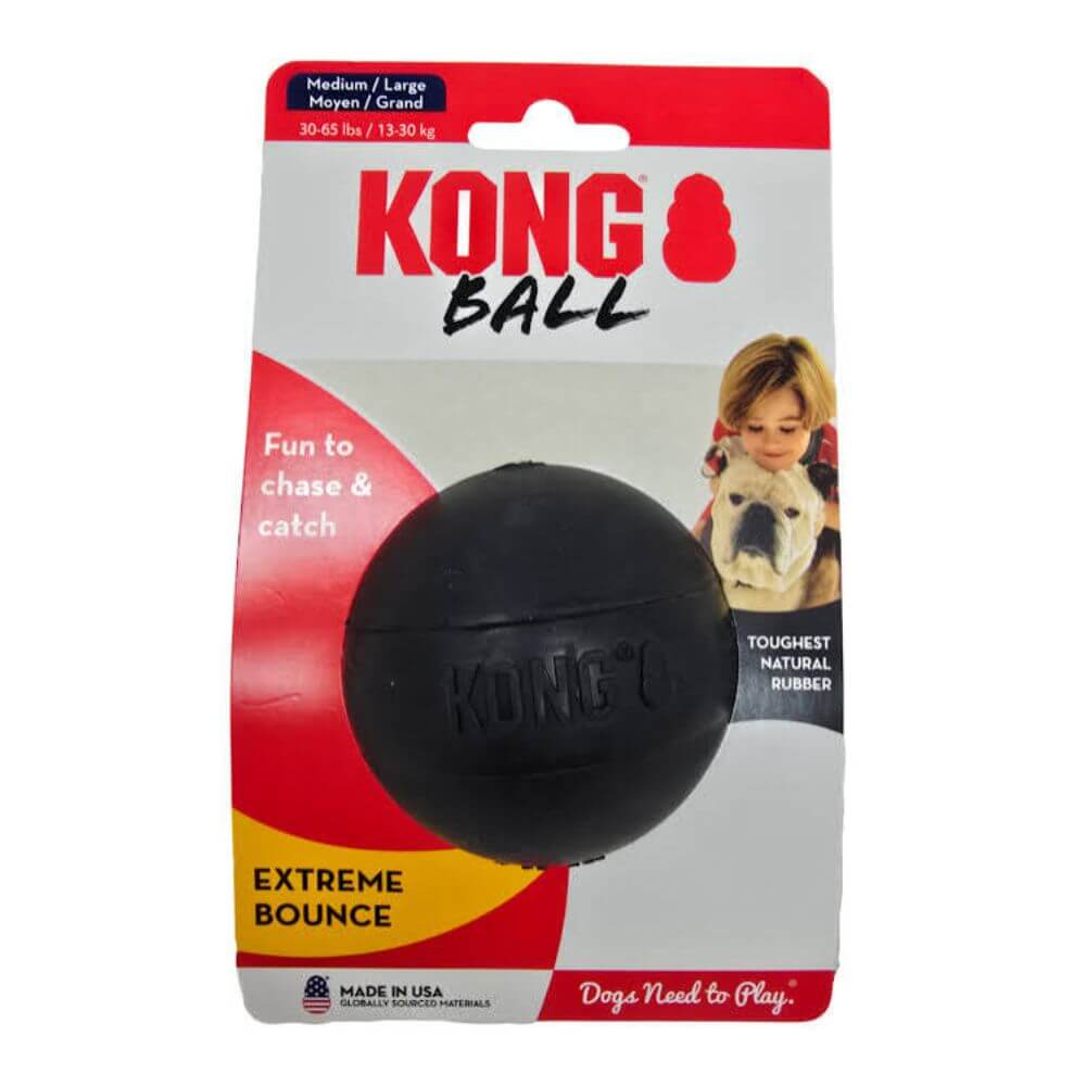 Empaque de pelota para perros KONG Extreme Ball talla M/L, juguete de goma natural negra para mordida fuerte y juego activo