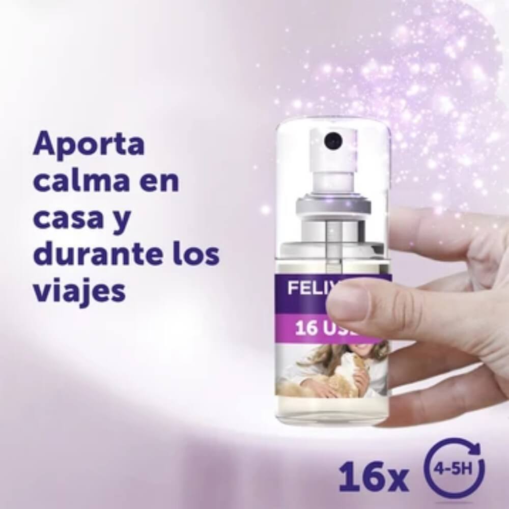 Frasco Feliway Classic Spray 20 ML en mano: 16 usos para calmar gatos en casa y viajes con feromonas de efecto de 4 a 5 horas