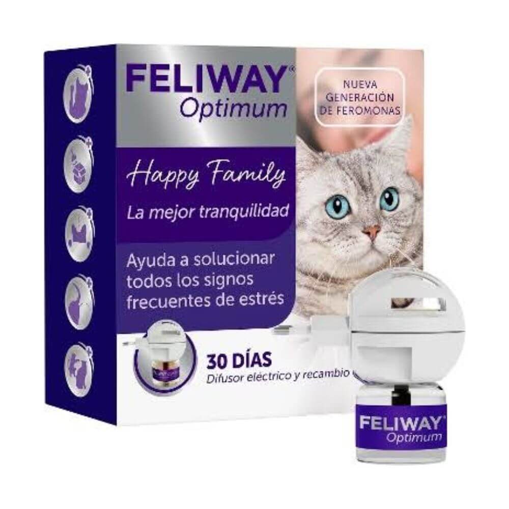 Caja de Feliway Optimum Happy Family con difusor eléctrico y repuesto de feromonas felinas que reducen los signos de estrés en gatos