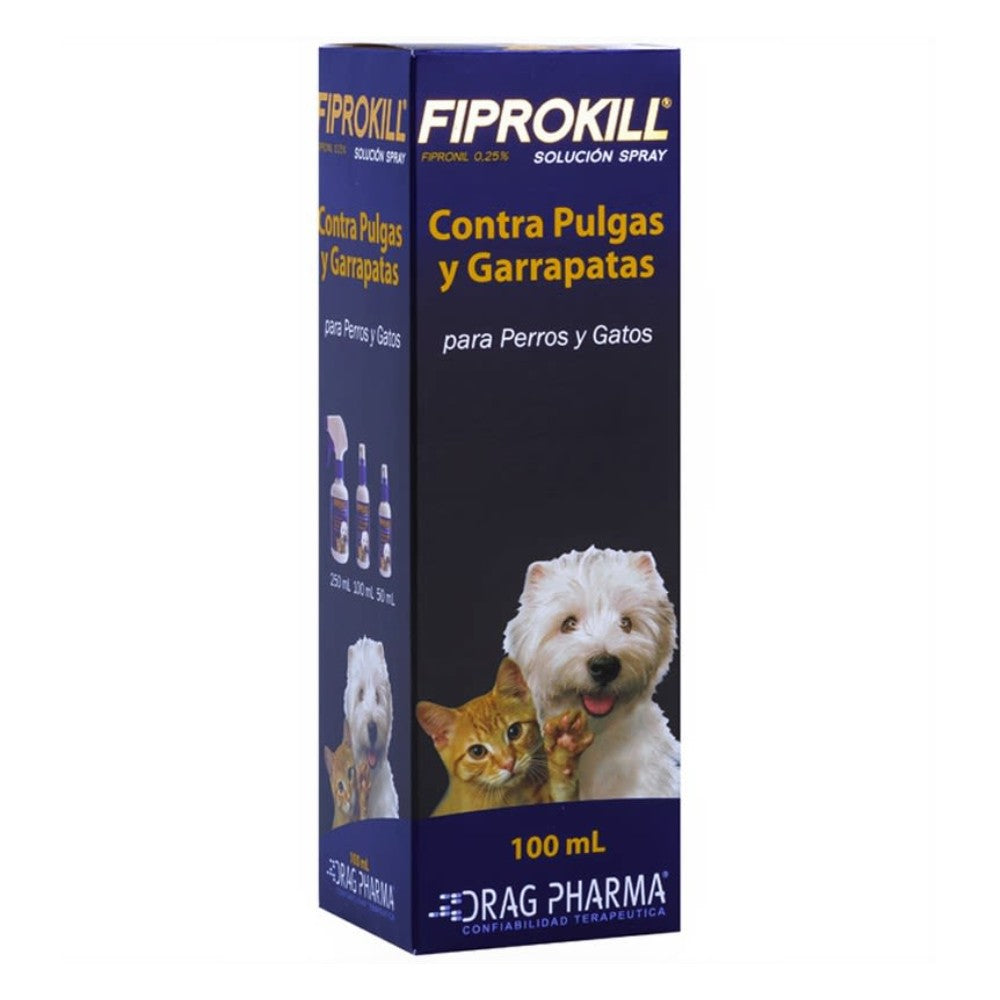 Caja frontal de Fiprokill Spray 100ml, antiparasitario efectivo para perros y gatos contra pulgas y garrapatas de Drag Pharma ya.