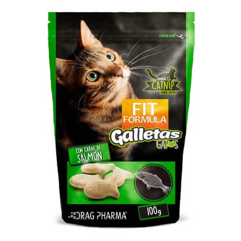 Empaque de FIT Formula Galletas Gato Salmón 100 gr de Drag Pharma, premios de salmón real y catnip para estimular el juego felino