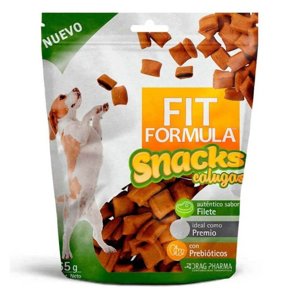Envase de Fit Formula Snacks Perros Calugas carne y tocino 65 gr, galletas con prebióticos para la higiene dental en Maxi Mascotas