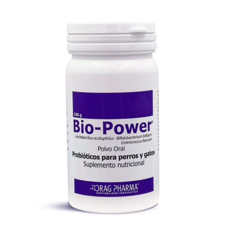 Frasco con etiqueta azul y blanco de Bio-Power probióticos para mascotas, suplemento nutricional para el bienestar intestinal