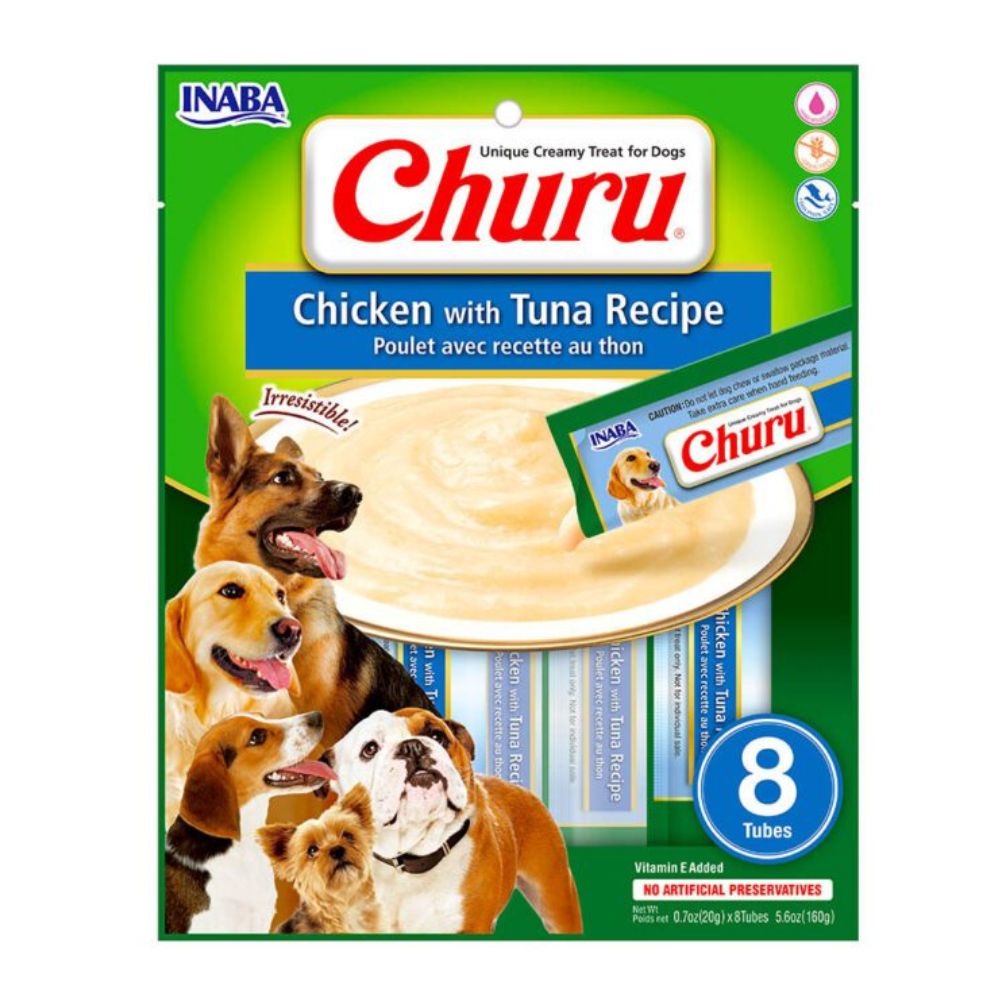 Empaque frontal de Churu para perros INABA en formato de 8 tubos, snack cremoso de pollo con atún grain free sin colorantes