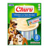 Empaque frontal de Churu para perros INABA en formato de 8 tubos, snack cremoso de pollo con atún grain free sin colorantes