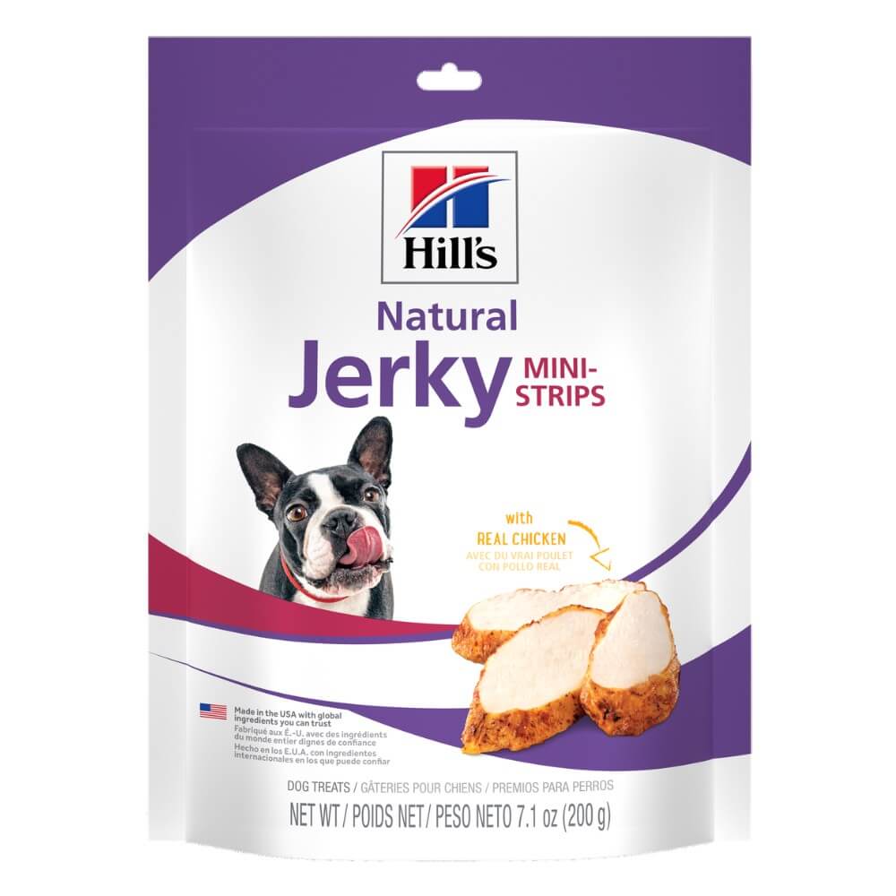 Frente bolsa Snacks Hill’s para Perros Jerky, delicioso snack premium snack de pollo con ingredientes naturales que cuida su salud ahora