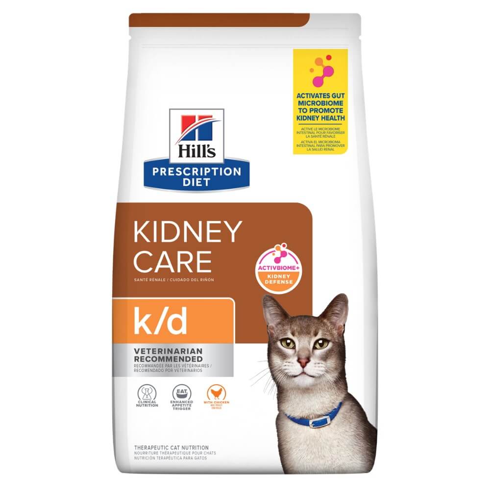 Frente bolsa Prescription Care Hills Kidney Care Gatos, gran alimento seco sabor pollo que protege la salud renal de tu felino
